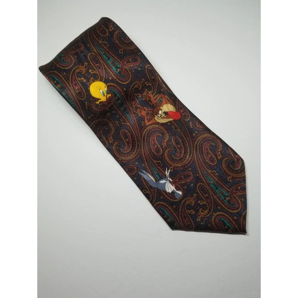 Looney Tunes‎ Characters Paisley Blue Teal Wine Textured Polyester Pointed Tie